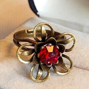 Adjustable Bronze Flower Theme Red Rhinestone Ring